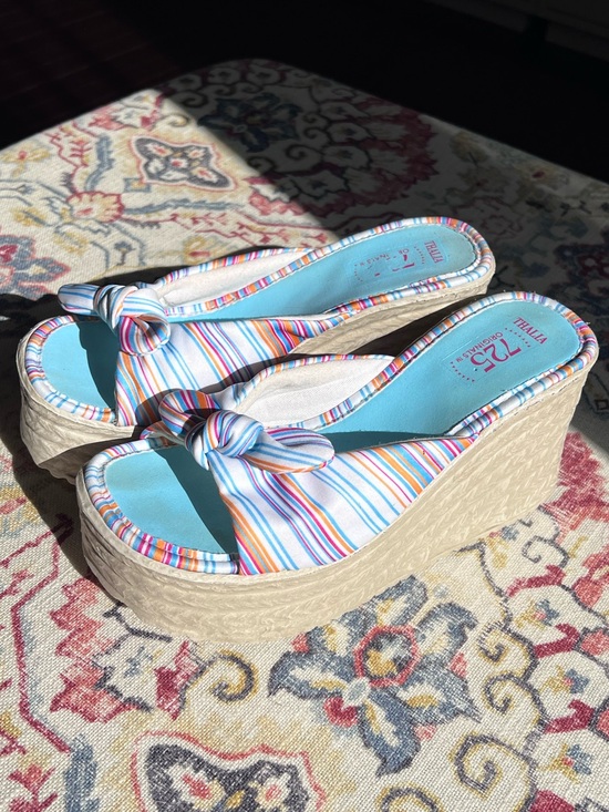 725 Originals Shoes - Vintage Y2K Striped Satin Platform Espadrille Wedge Flip Flop Sandals Sz 7 / 38